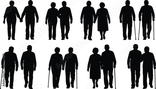 elderly, couple, silhouette, senior, people, walking, together, holding, hands, companionship, love, relationship, retirement, aging, lifestyle, care, support, black, white, illustration