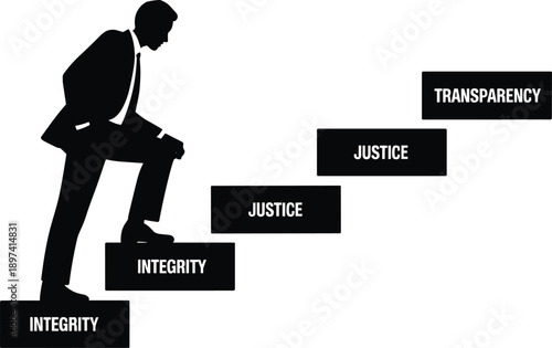 Ethics Progression Silhouette – Black and White Illustration of Business Person Climbing Stairs Labeled Integrity, Justice, and Transparency Representing Moral Development and Professional Values