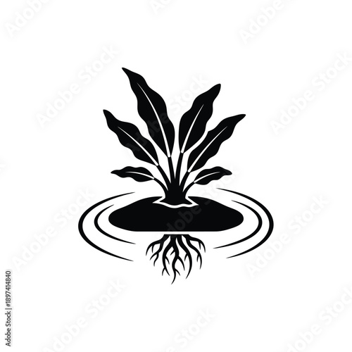 Black glyph icon of an aquatic plant with exposed roots floating on water surface, suitable for representing hydroponics, water gardening, or natural pond ecosystems