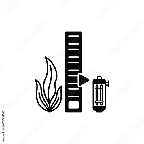 Black glyph icon showing aquatic plants, a ruler for measurement, and a heater, representing aquarium setup parameters and essential equipment for fish tank care