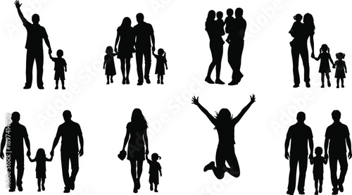 family, silhouette, parents, children, together, walking, holding, hands, love, care, relationship, people, happy, lifestyle, bonding, parenthood, childhood, black, white, illustration