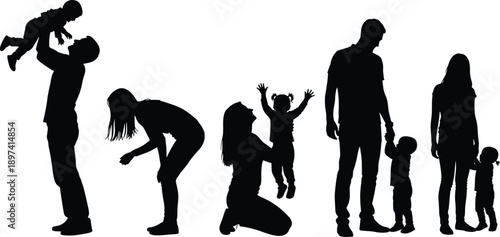 family, silhouette, parents, children, love, care, bonding, lifestyle, happiness, togetherness, relationship, parenthood, childhood, people, walking, holding, hands, black, white, illustration