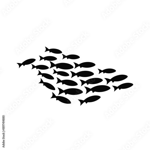 School of fish swimming in unison, a dark silhouette representing marine life and underwater ecosystem dynamics, forming abstract shapes and patterns, wild aquatic creatures in movement.