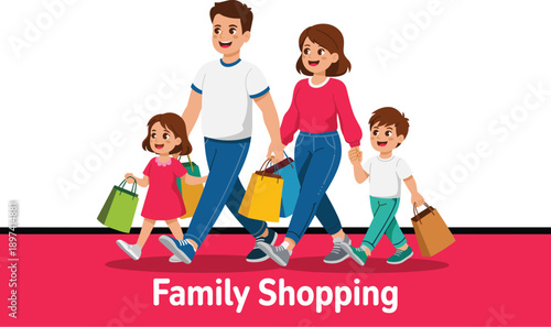 Family Shopping Cartoon – Illustration of Parents and Children Carrying Bags on Red Carpet with Bold Banner Text for Retail, Consumer, and Lifestyle Design Use