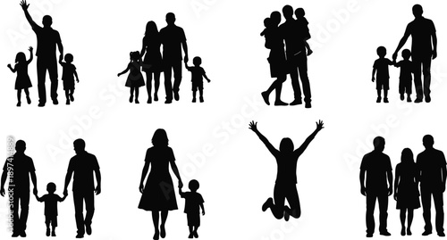 family, silhouette, parents, children, walking, together, holding, hands, love, care, people, lifestyle, bonding, relationship, parenthood, childhood, happy, black, white, illustration