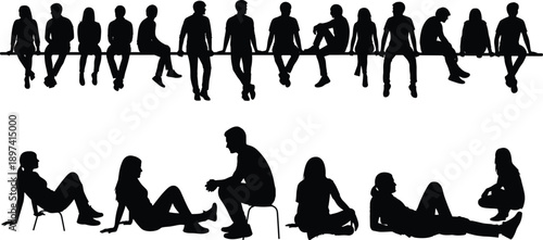 People, silhouette, collection, sitting, poses, men, women, group, waiting, bench, chair, lifestyle, social, diversity, black, white, vector, illustration, isolated, background
