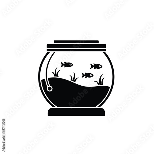 Stylized black silhouette of a classic round fishbowl aquarium containing three small fish swimming among aquatic plants and gravel on a white background, representing pet care