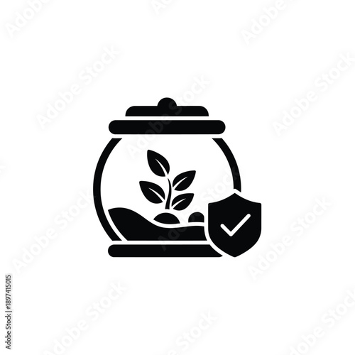 Aquarium with plant and protective shield icon, representing safety and preservation of aquatic life and ecosystems, emphasizing conservation and care for marine environments