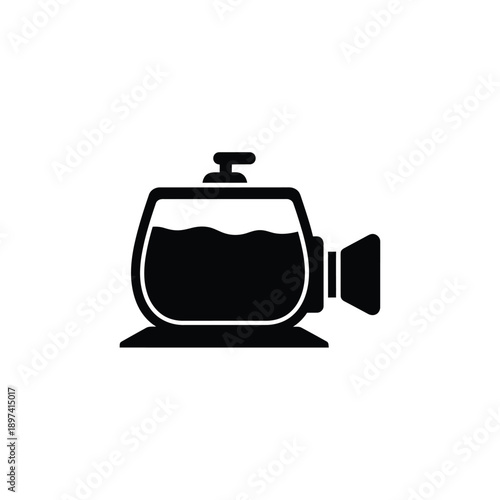 Stylized representation of a video camera in shape of a glass jar with liquid, symbolizing recording, capture, and archiving of memories, moments, or data content