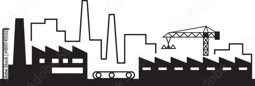 Industrial cityscape silhouette with factory buildings and construction crane vector illustration