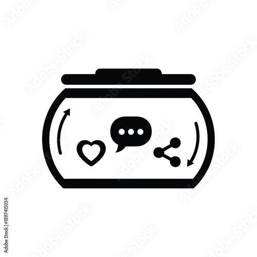 Social media jar icon with heart comment and share symbols representing digital communication in glass container isolated on white background with minimalist black and white vector graphics style