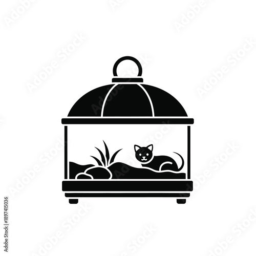 Cat in terrarium icon showing feline pet sitting inside glass enclosure with decorative plants and stones representing pet care and habitat design in black silhouette style on white background
