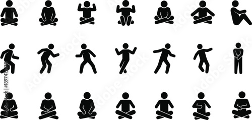 people, silhouette, icons, set, human, figures, action, poses, yoga, meditation, exercise, movement, pictogram, collection, black, white, flat, vector, illustration, design