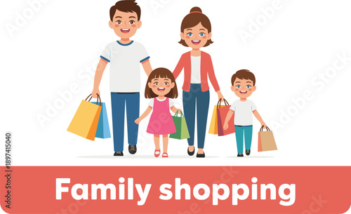 Family Shopping Illustration – Cartoon Depiction of Parents and Children Carrying Bags with Red Banner Text for Retail, Consumer, and Lifestyle Design Use