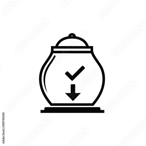 Checkmark and arrow icon inside a stylized glass jar representing completed storage or verified data collection process in minimalist black and white silhouette design for business interface usage