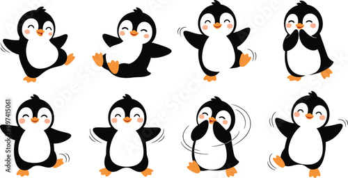 Cute Baby Penguin Vector Character Set Featuring Happy Dancing Antarctic Animals in Various Playful Poses for Winter Holiday Decorations, Childrens Books, and Greeting Cards