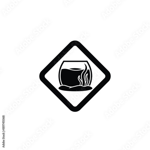 Underwater landscape icon inside diamond frame featuring seaweed and substrate within circular glass bowl representing aquatic ecosystem and home aquarium maintenance in black and white vector art