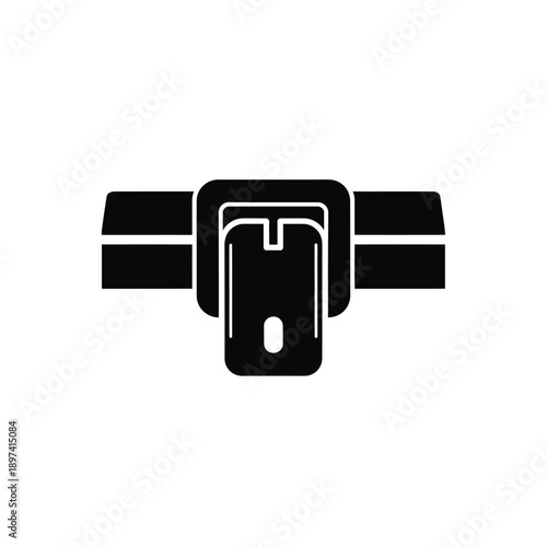 Black silhouette illustration depicting a top-down view of a classic belt and buckle, showcasing its simple yet functional design with clean lines and solid form