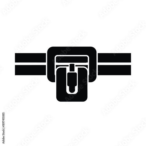 Buckle strap icon representing security and fastening mechanism in minimalist industrial style for seatbelt or heavy duty equipment harness isolated on white background with flat black vector design