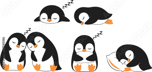 Cute Sleeping Baby Penguin Vector Character Set Featuring Tired Antarctic Animals Napping with Pillows for Nursery Decor, Bedtime Stories, and Winter Relaxation Designs