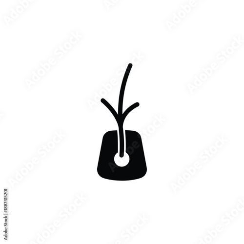 Minimalist design plant icon with a simple stem and leaf emerging from a dark, circular base, highlighting new growth and organic development