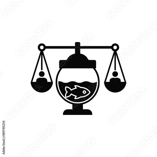 Justice scales weighing human figures against a fish in an aquarium, symbolizing environmental justice and the balance between humanity and nature