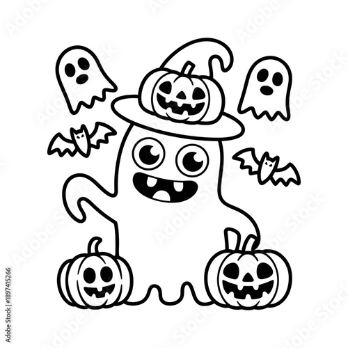 Cartoon Halloween Monster with Pumpkins Ghosts and Bats on White Background