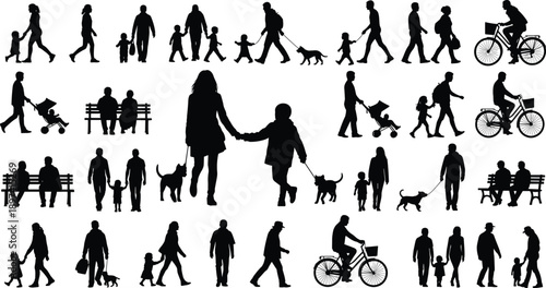 people, silhouette, walking, family, lifestyle, urban, daily, activity, parents, children, dog, bicycle, park, movement, crowd, routine, city, black, white, illustration