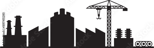 Industrial complex silhouette with factories, smokestacks, and construction crane vector