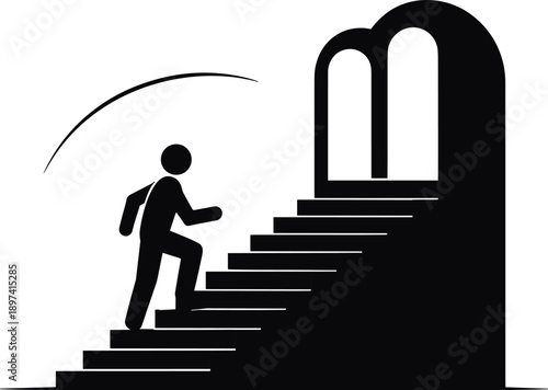 Goal Achievement Silhouette – Black and White Illustration of Person Ascending Stairs Toward Arched Doorway Representing Ambition, Progress, and Pursuit of Success