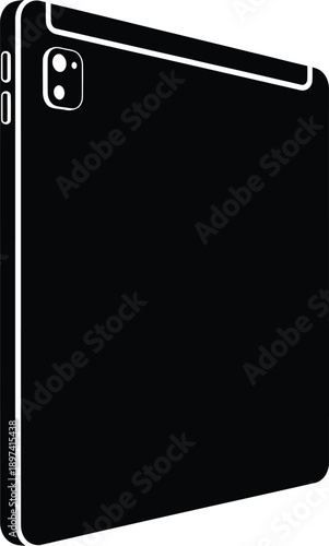 Black and white silhouette icon of a modern tablet computer with a dual camera setup
