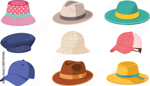 Hat Collection Illustration – Fashion Design Showcase of Nine Distinct Styles Including Bucket, Fedora, Wide-Brim, Newsboy, Safari, Baseball, Cowboy, and Sun Hat
