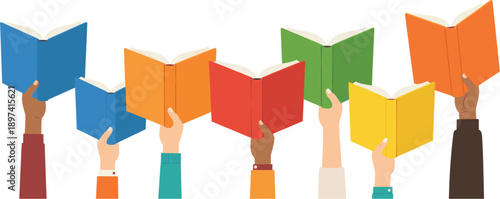 Diverse Multicultural Hands Holding Open Colorful Books for Literacy, Education, Learning, University Students, Library Research, and Global Knowledge Sharing Concept Designs