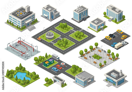 Isometric city constructor set with modern industrial buildings, urban park elements, and road infrastructure