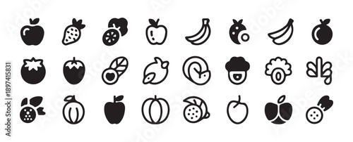 Fruit and Vegetable Doodle Icons Set, Black Line Art Food Collection. vector illustration eps 10