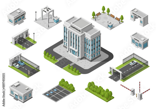 Modular isometric city constructor kit featuring an official building, security systems, and urban infrastructure elements for design
