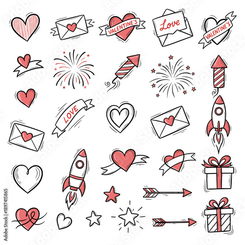 Set of Valentine Doodles with Rockets and Hearts