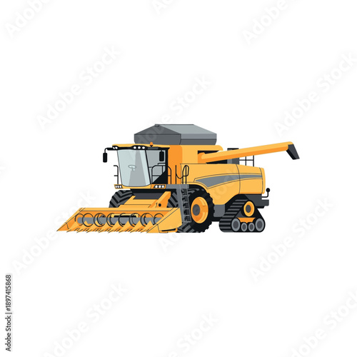 An illustration of a yellow combine harvester in action on a farm.
