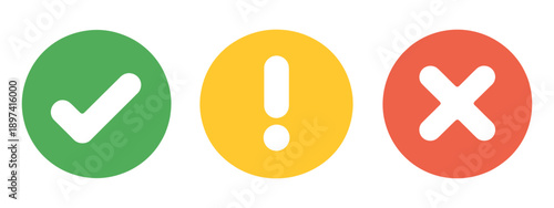 Check mark, exclamation point, X or cross mark icon set, approve reject and warning symbols, vector signs for right wrong alerts.