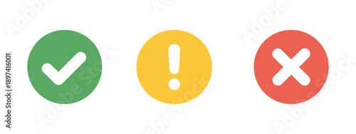 Check mark, exclamation point, X or cross mark icon set, approve reject and warning symbols, vector signs for right wrong alerts.