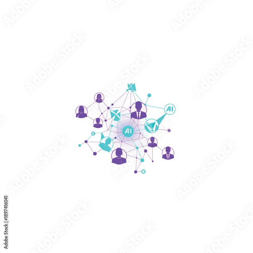 Network of people connected by AI technology lines and nodes in a business setting.