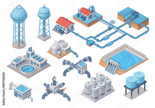 Isometric illustration of water treatment plants, water towers, and pumping stations within a city