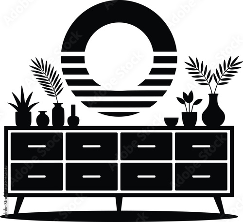 Home Decor Silhouette – Black and White Illustration of Mid-Century Dresser with Plants, Vases, and Circular Wall Art Representing Minimalist Interior Design Style
