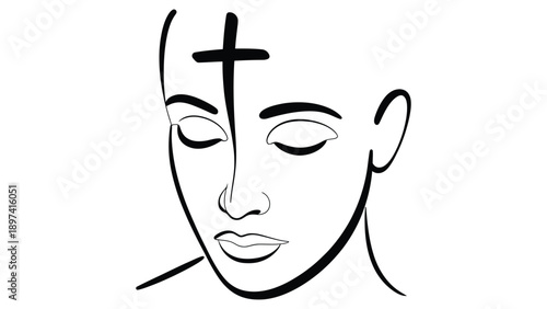 Mobiash wednesday minimalist line art face with cross on forehead christian lent faith prayer religious illustration
