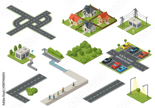 Isometric city constructor set with various urban and suburban infrastructure elements for map creation