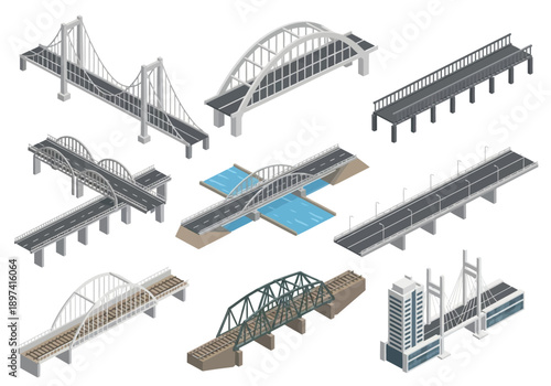 A variety of architectural bridges presented in a clean isometric view, showcasing different designs and structures