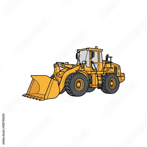 An illustration depicts a large yellow loader with a bucket on a white background.