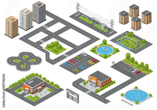 Isometric city elements and infrastructure, buildings, roads, and amenities, perfect for urban planning and design projects