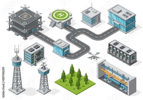 Isometric 3D view of a futuristic smart city infrastructure with smart grid and drone delivery system