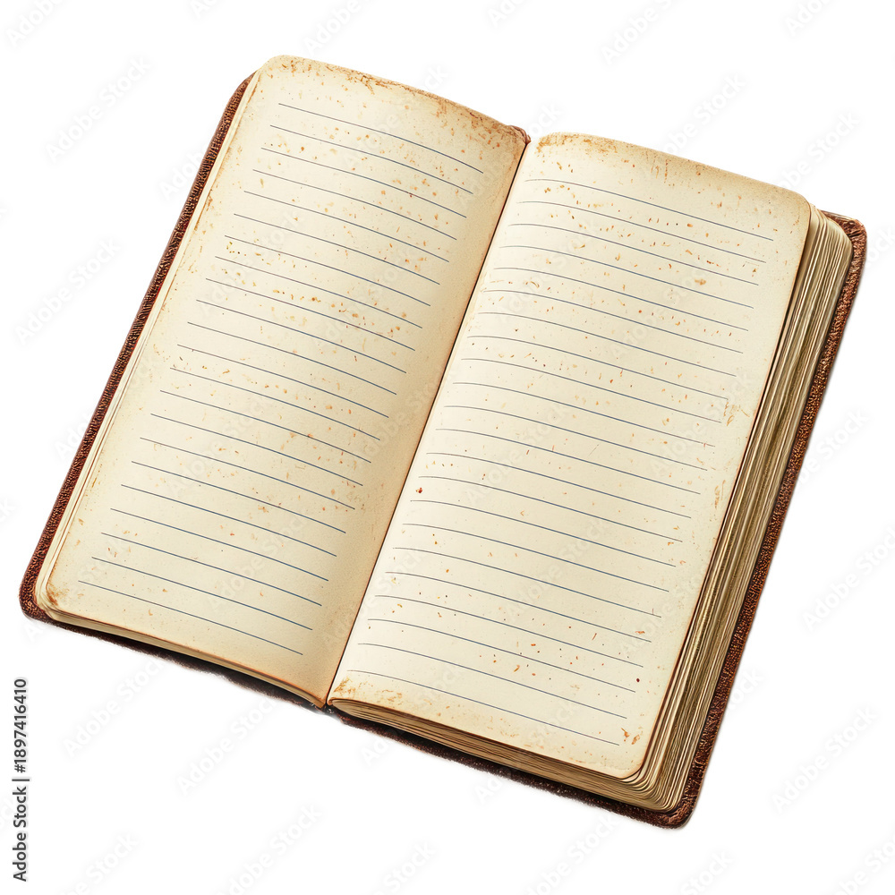 Obraz premium An old, worn-out notebook with lined pages, open to the first page, with a brown leather cover.